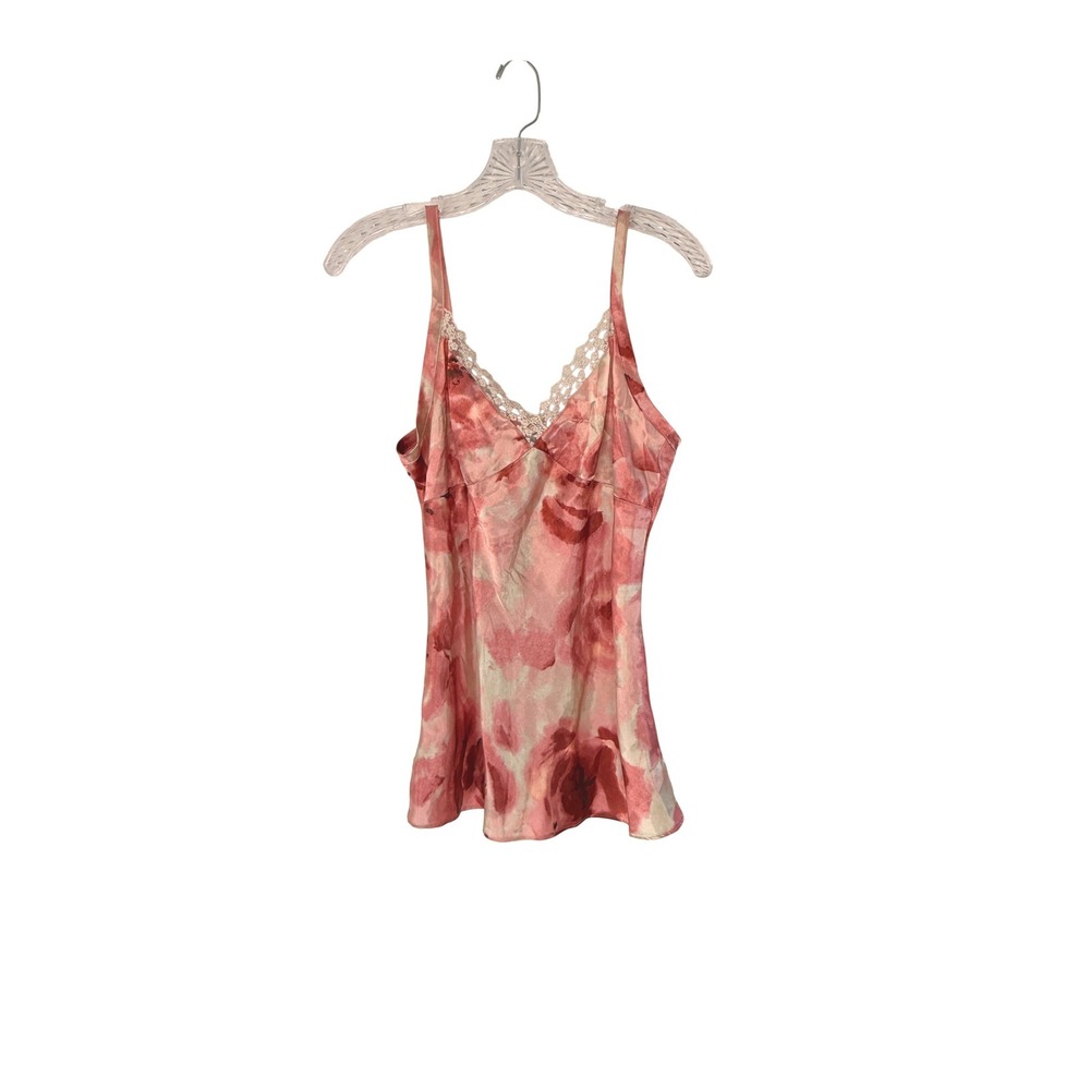 Women's Satin Lace Trim Tank Top V-Neck Floral Pink Women's Watercolor Medium